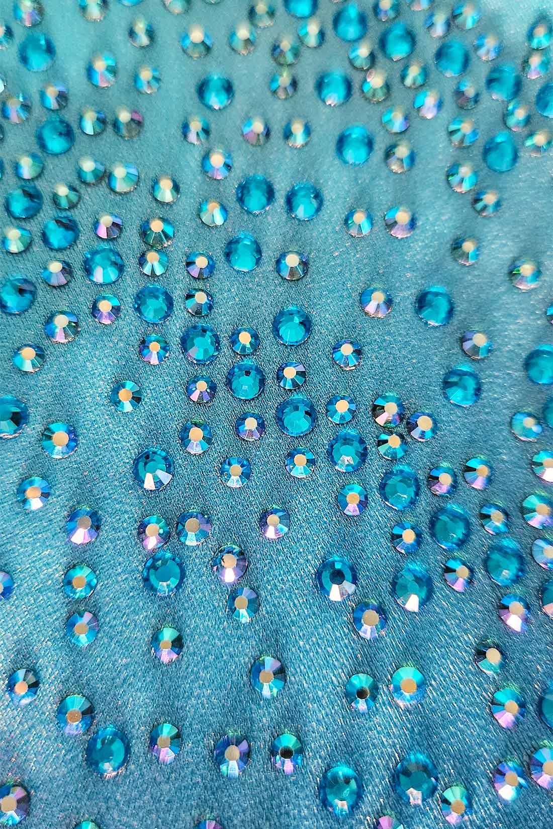 Blue crytals on practice leotard by Destira, 2024