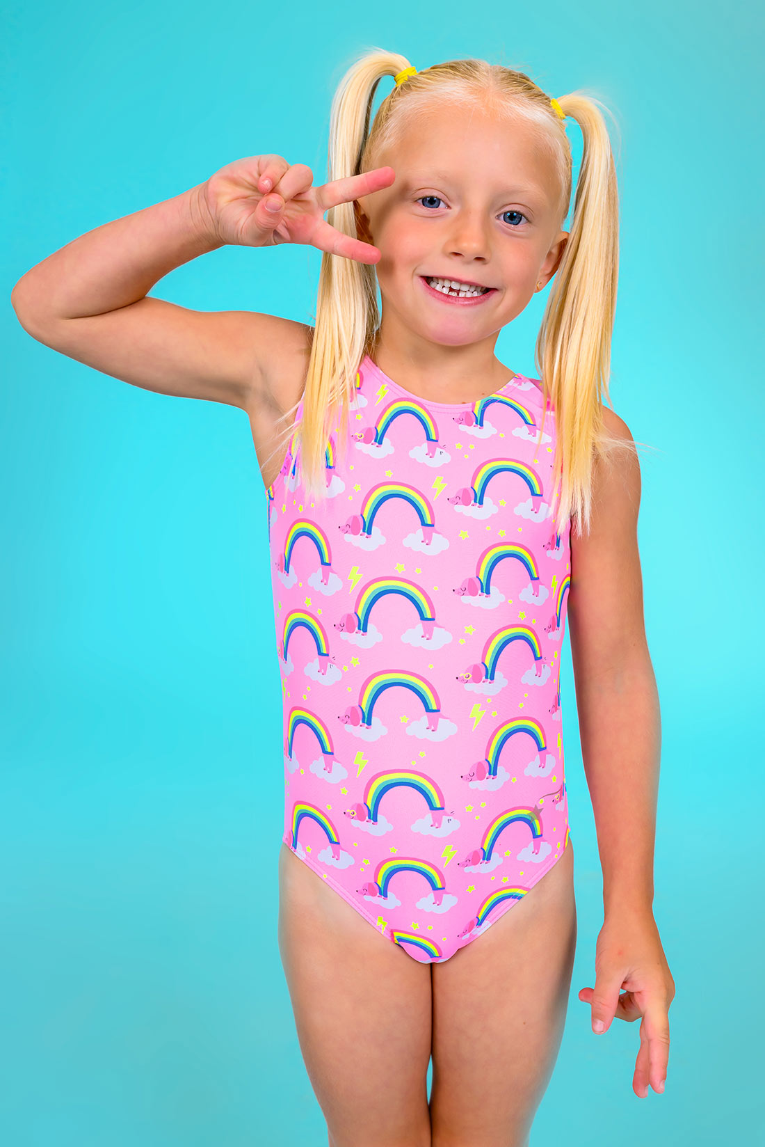 Pink tank leotard with puppies and rainbows by Destira, 2024