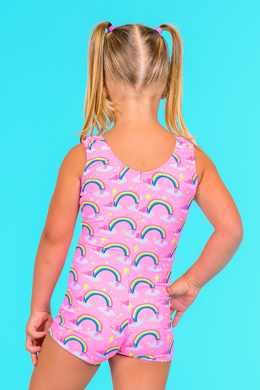 Rainbow unitard for girls in gymnastics by Destira, 2024