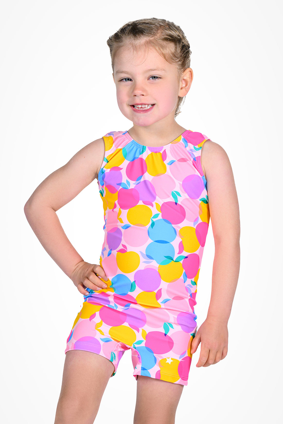 Vibrant colored biketard with peaches for girls in gymnastics by Destira, 2025