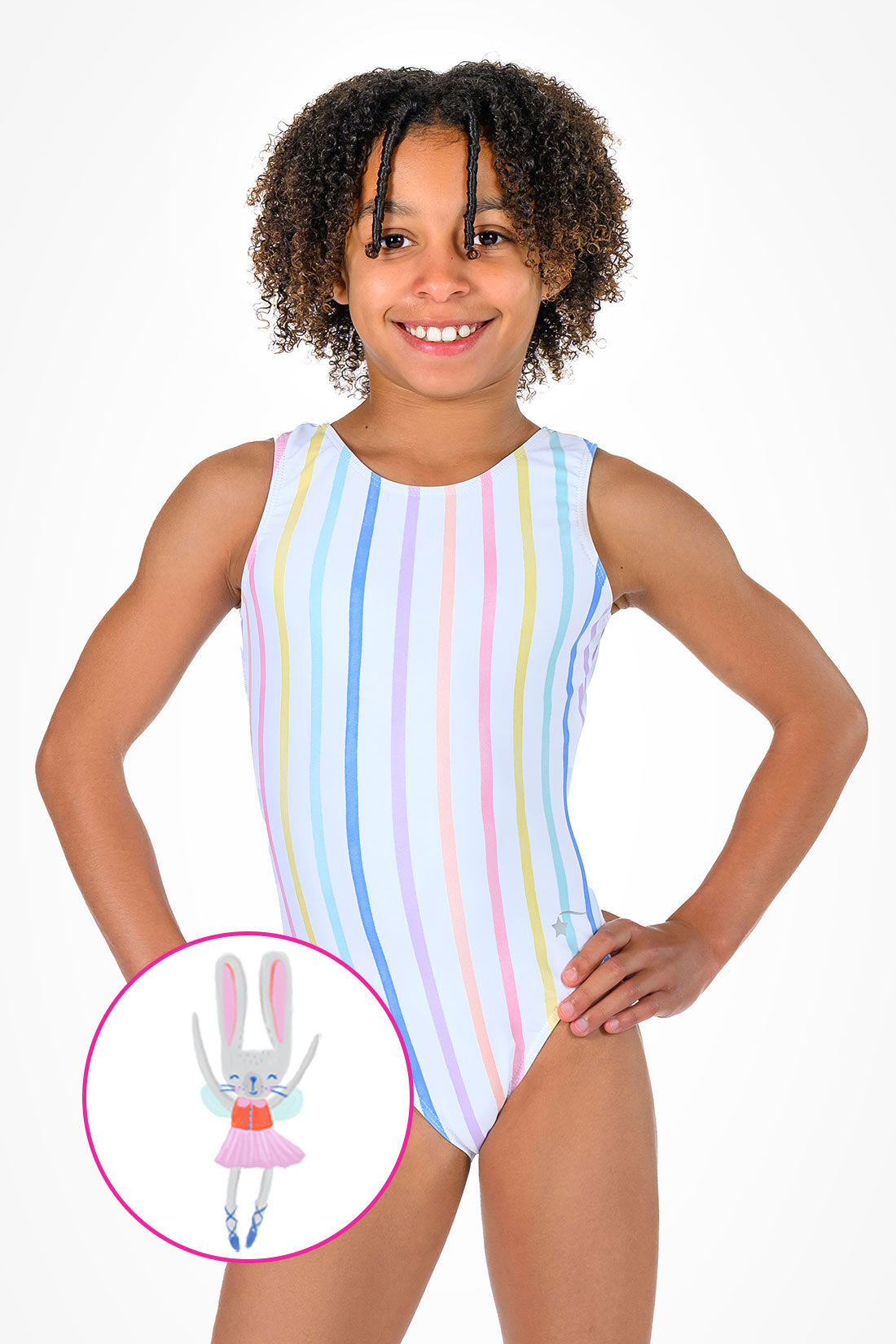 Thick white leotard with colorful strips by Destira, 2025