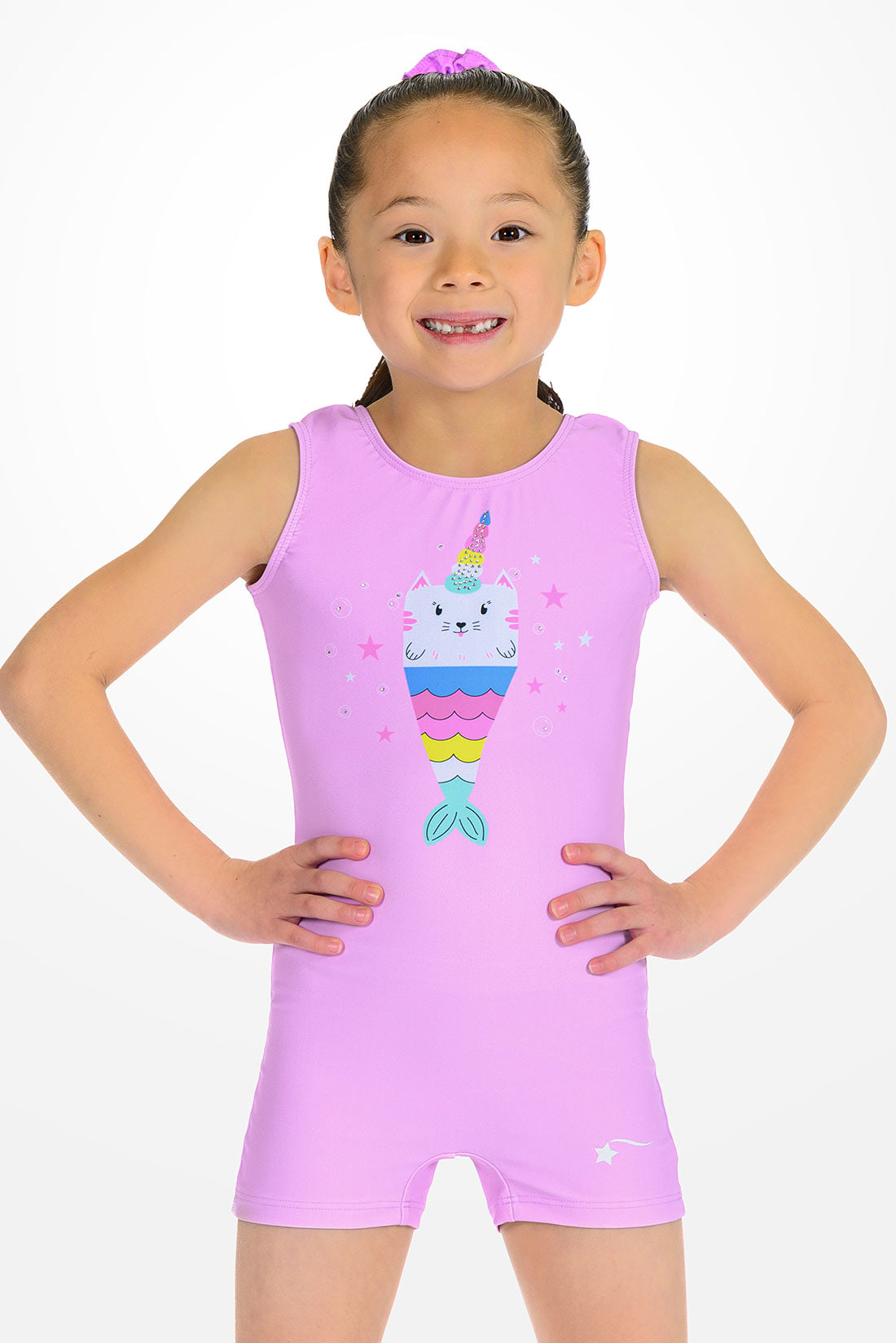 Pink cat mermaid unitard for girls by Destira, 2026