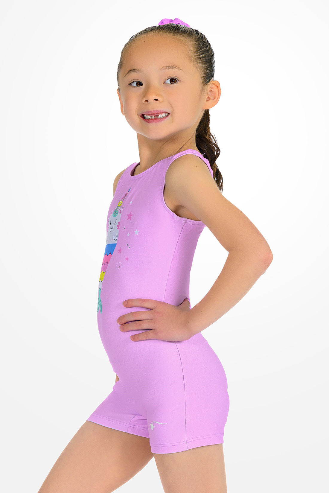 Pink biketard for girls in gymnastics by Destira, 2026