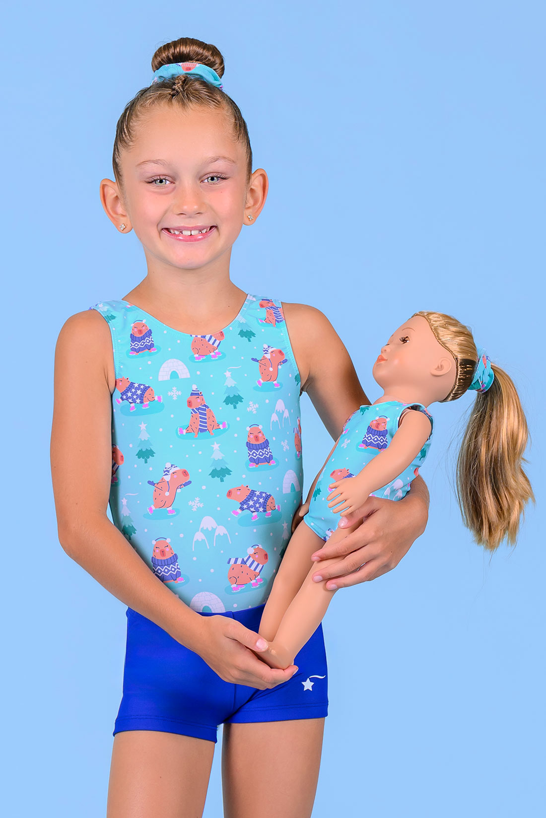 Cute capybaras on matching doll leotard by Destira, 2025