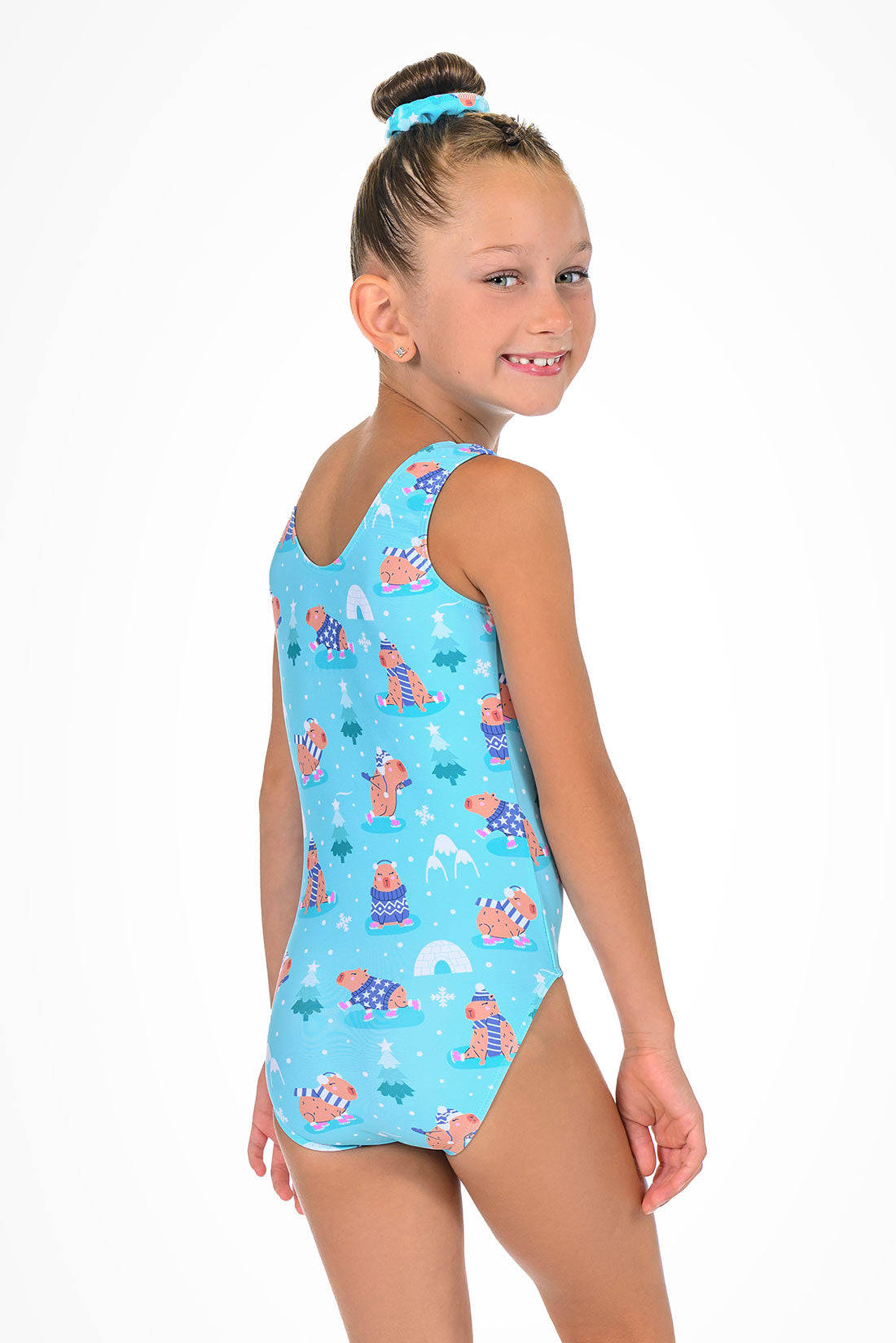 Blue winter gymnastics leotard with capybaras by Destira, 2025