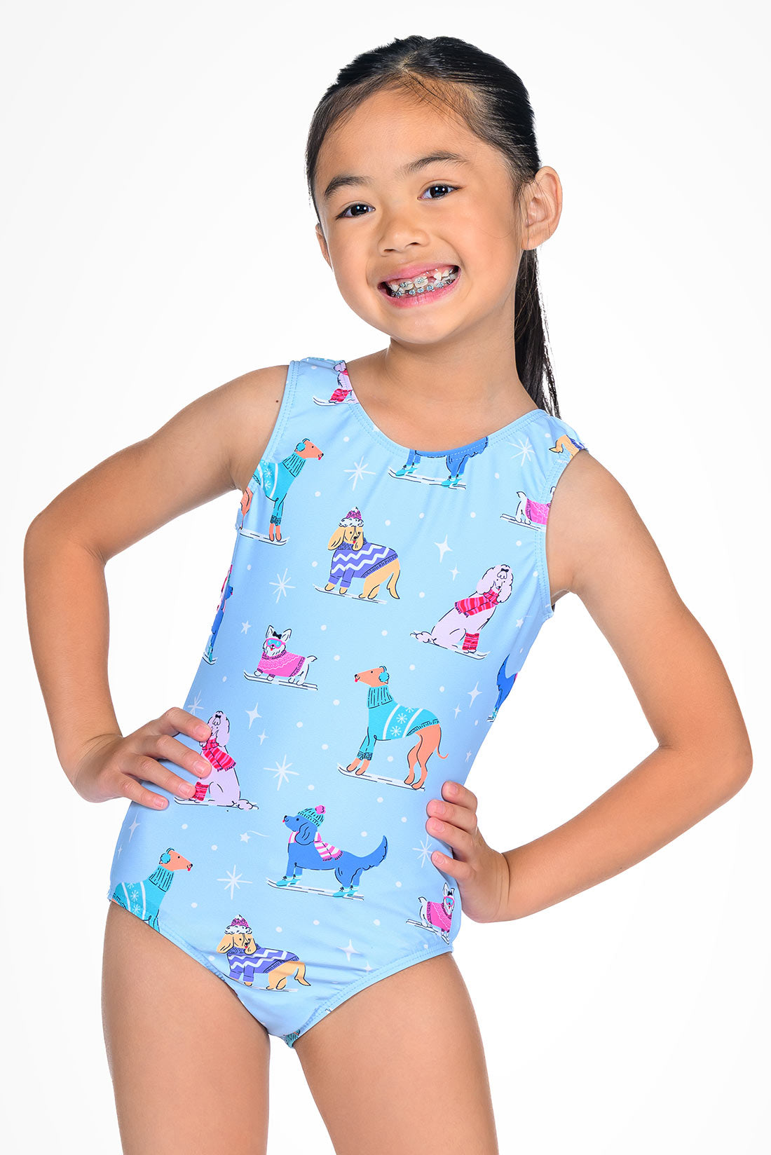 Blue tank leotard for winter gymnastics practice by Destira, 2025