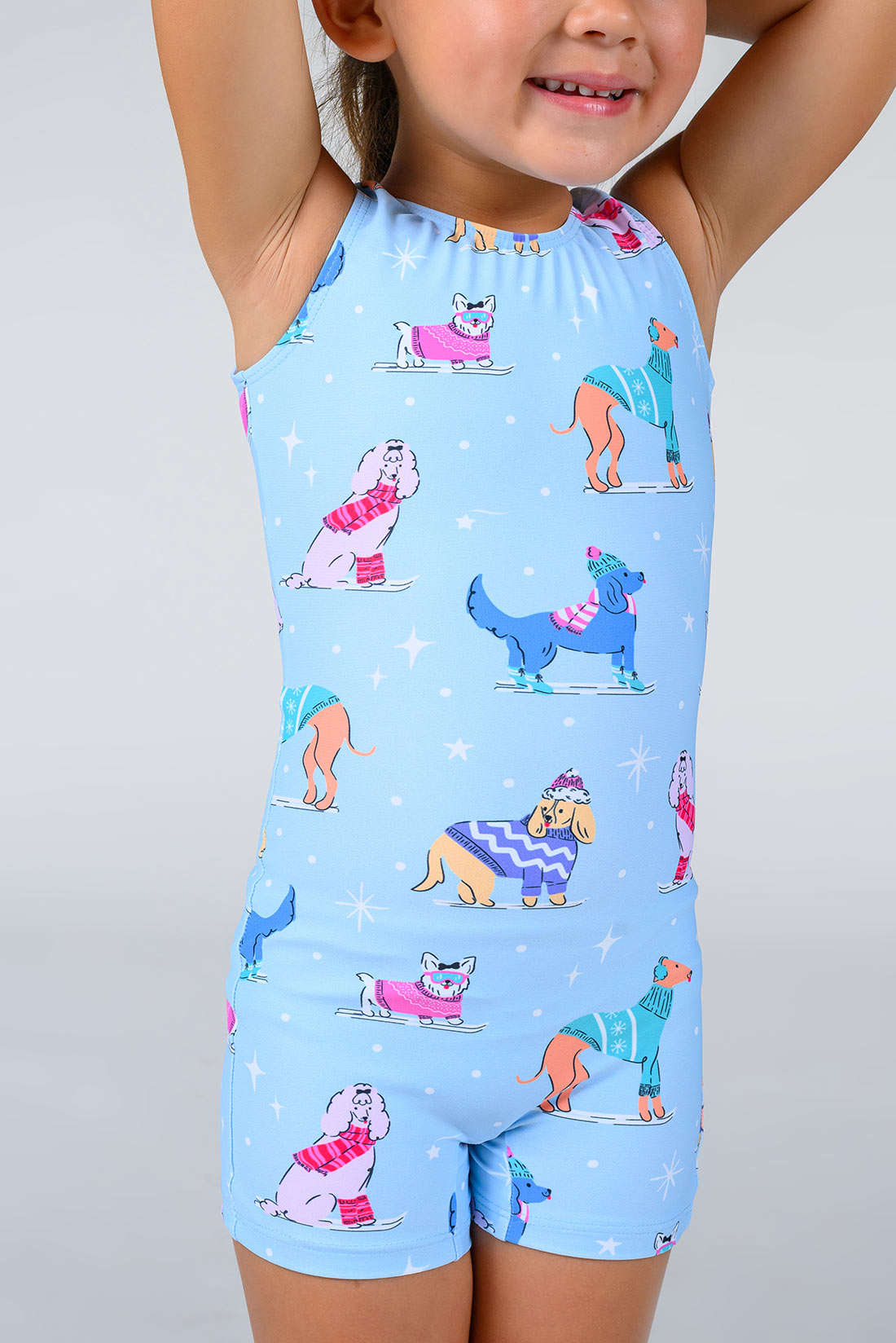 Blue snowflake unitard with puppy dogs by Destira, 2025