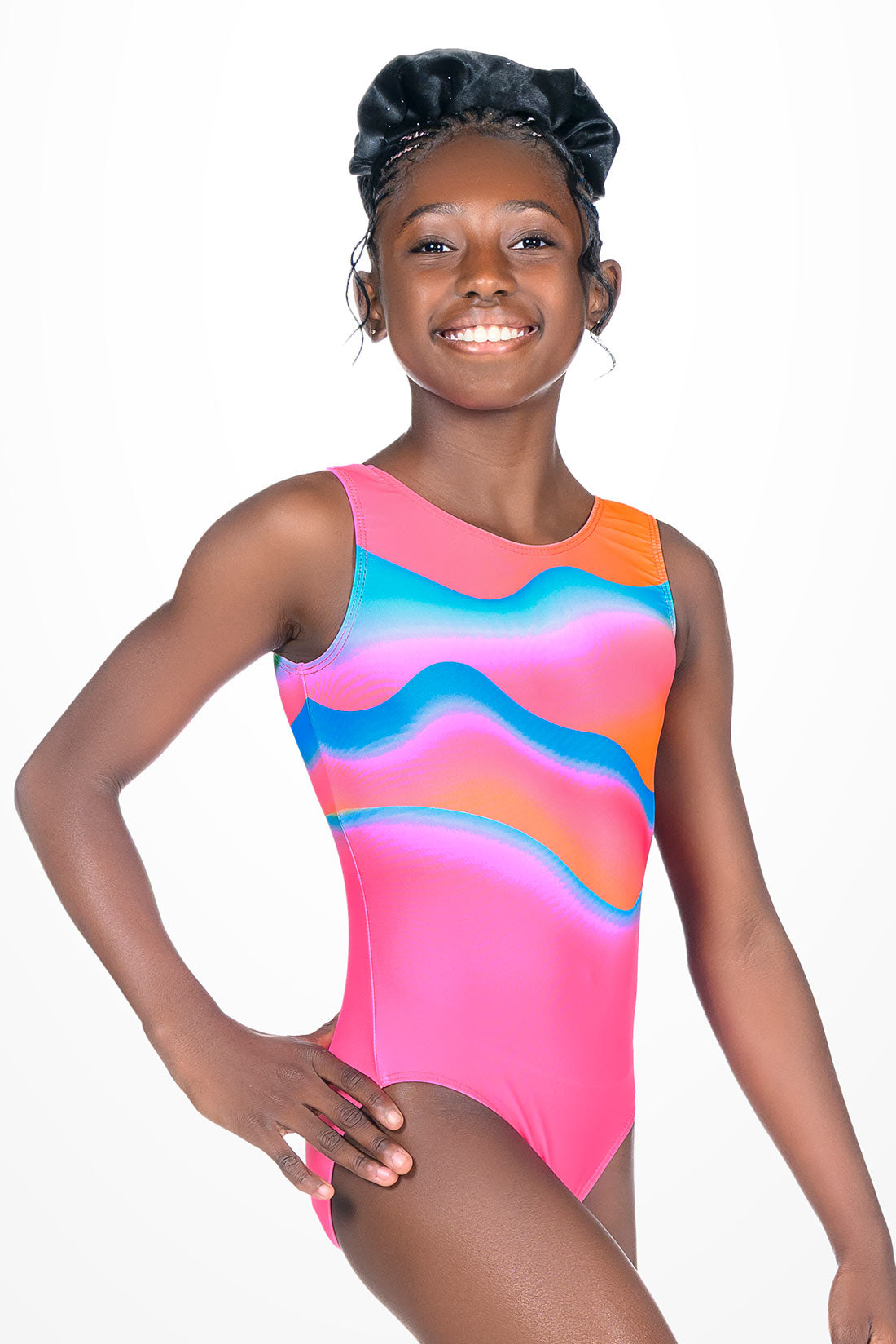 Pink and blue watercolor design on gymnastics leotard by Destira, 2025