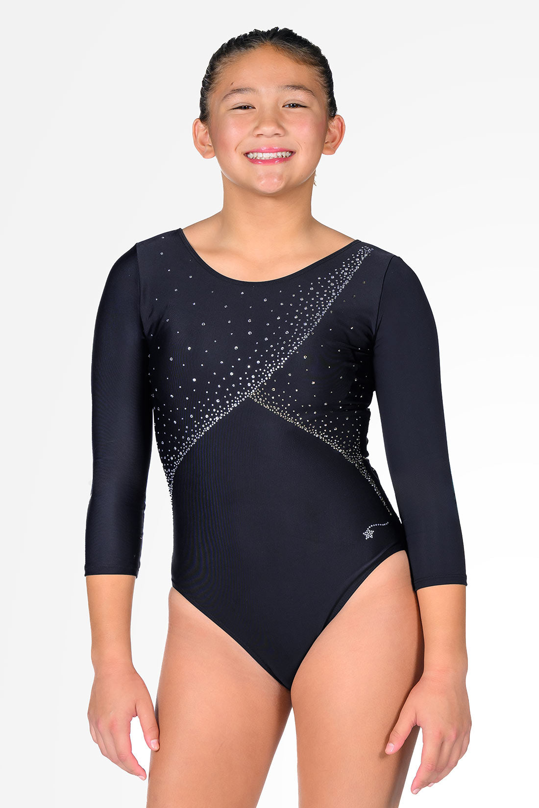 Black long sleeve gymnastics leotard for girls by Destira, 2025