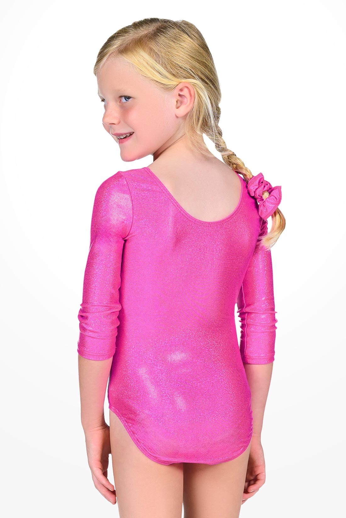 Pink shimmery leotard with sleeves for girls by Destira, 2025