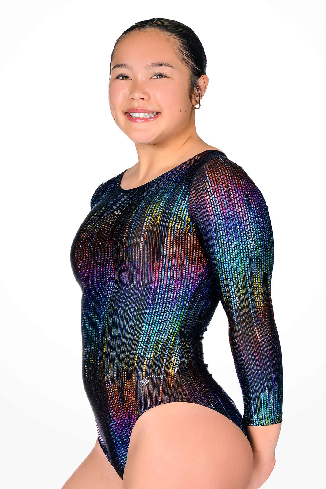 Black and rainbow long sleeve leotard for girls by Destira, 2025