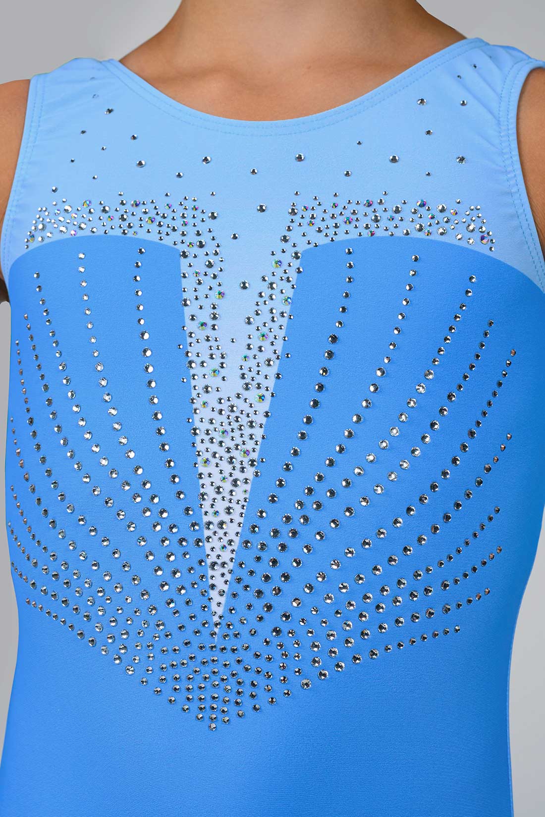 Rhinestone detail on sky blue leotard by Destira, 2025