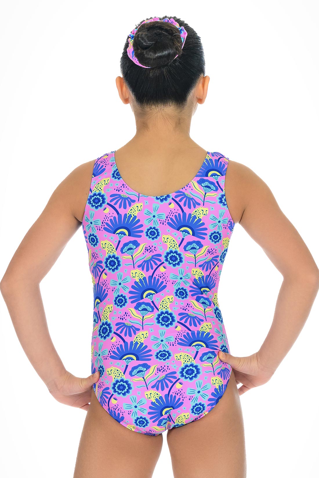Blue and pink tank leotard for gymnasts by Destira, 2026