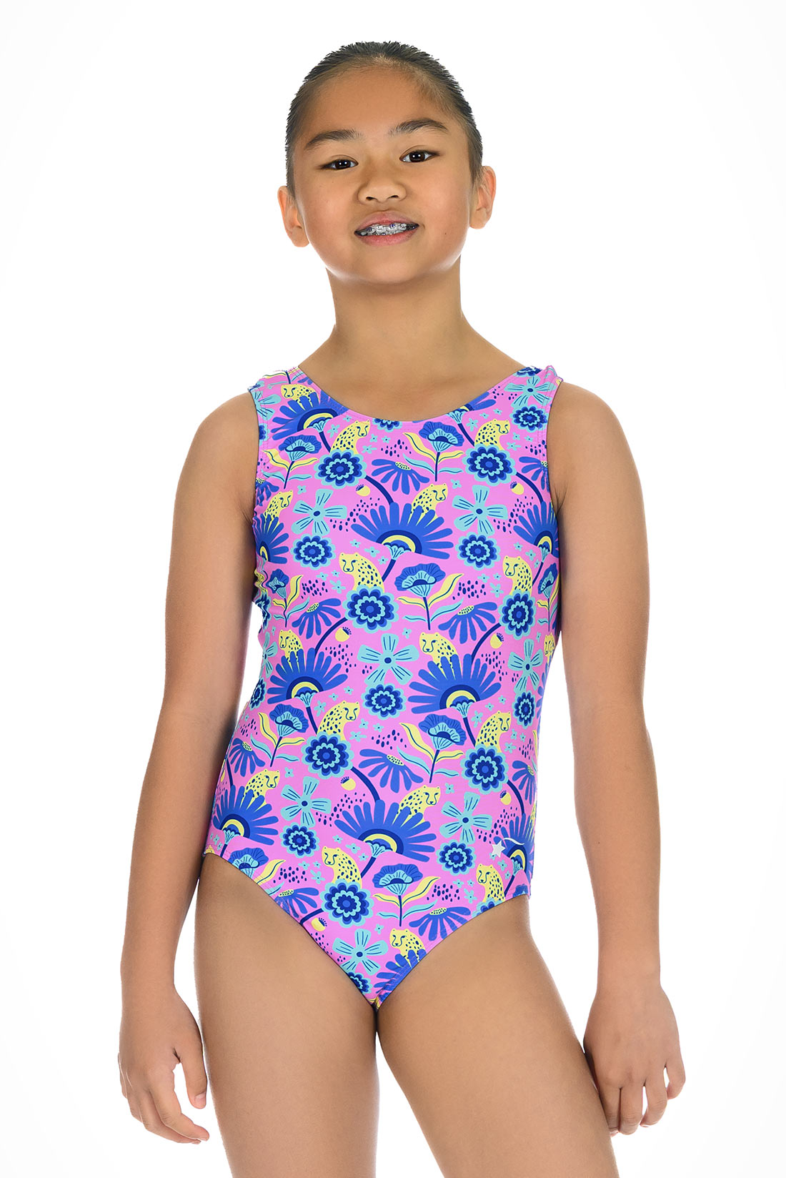 Bright purple pattern leotard for girls by Destira, 2026