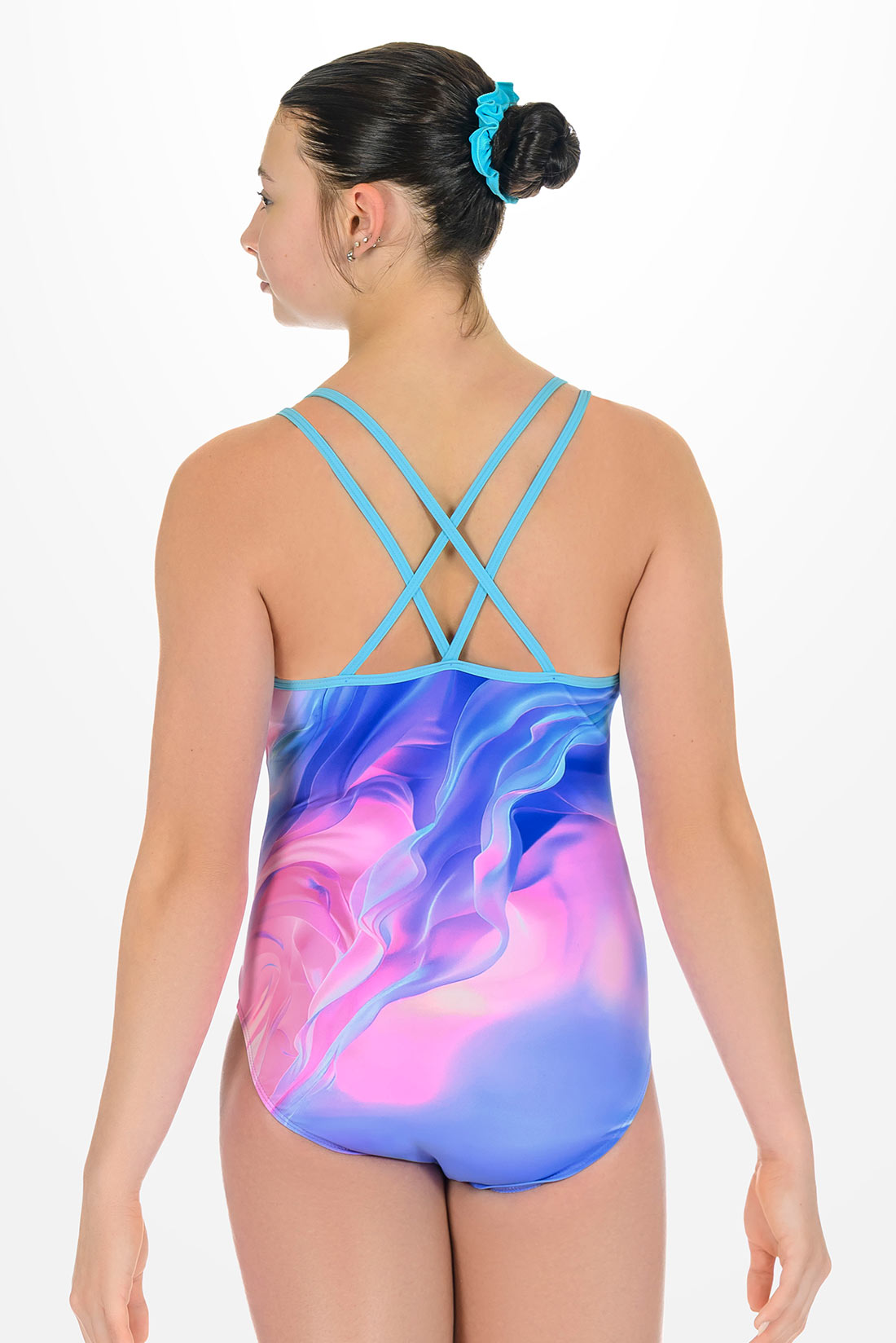 Pink strappy back leotard for girls in gymnastics and dance by Destira, 2026