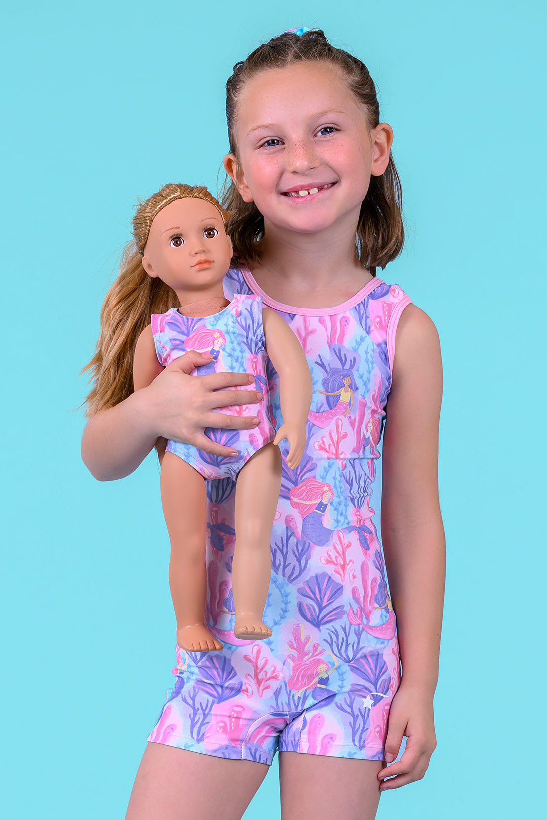 Matching mermaid unitard and doll leotard for gymnastics by Destira, 2026