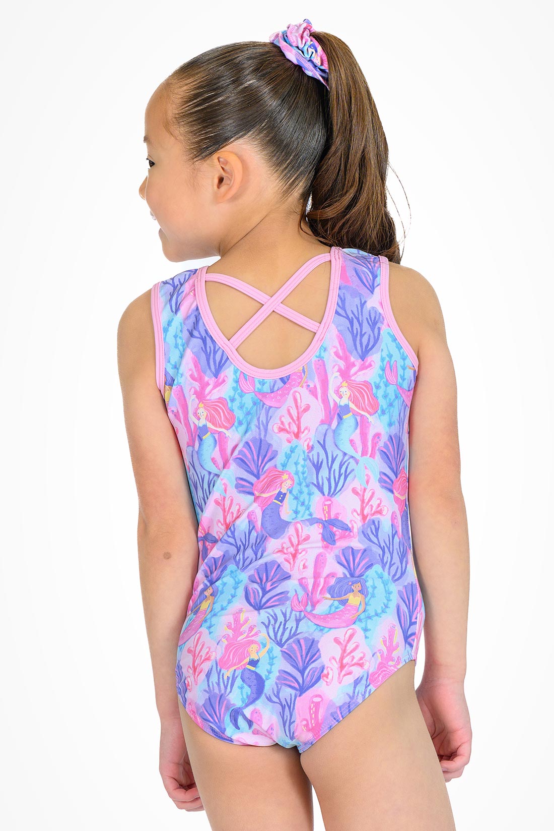 Pink coral leotard with cross back straps by Destira, 2026