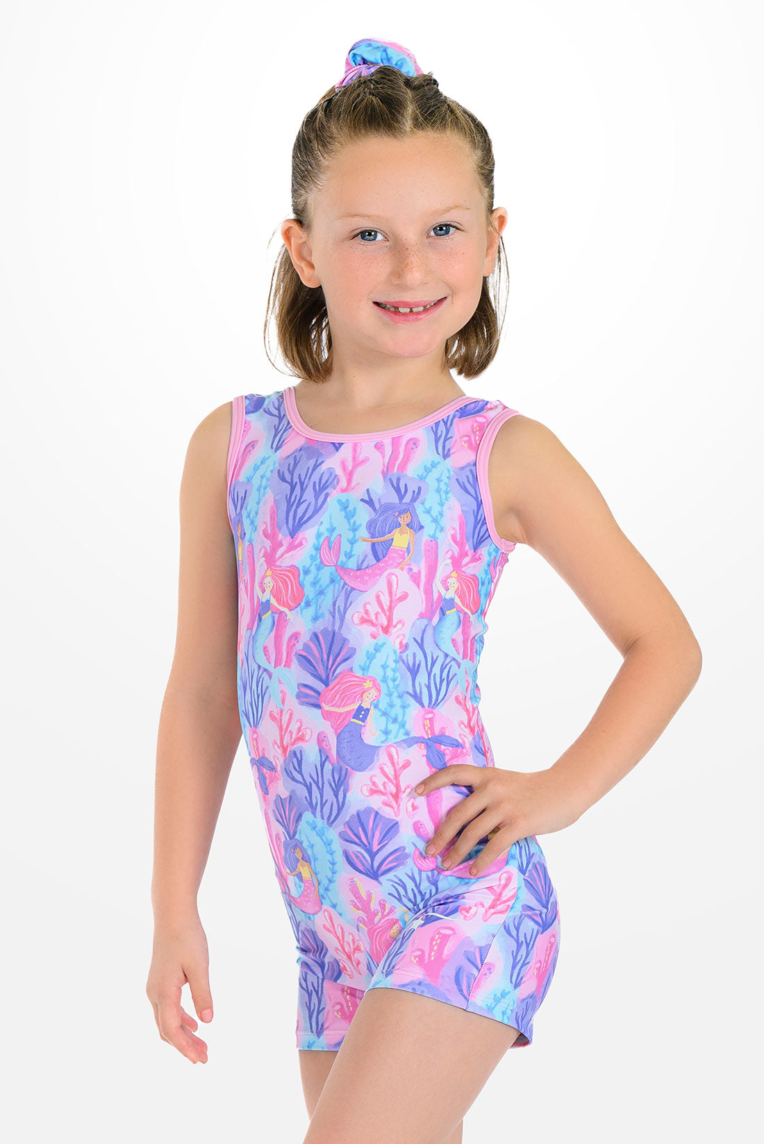Pink mermaid biketard for toddlers by Destira, 2026