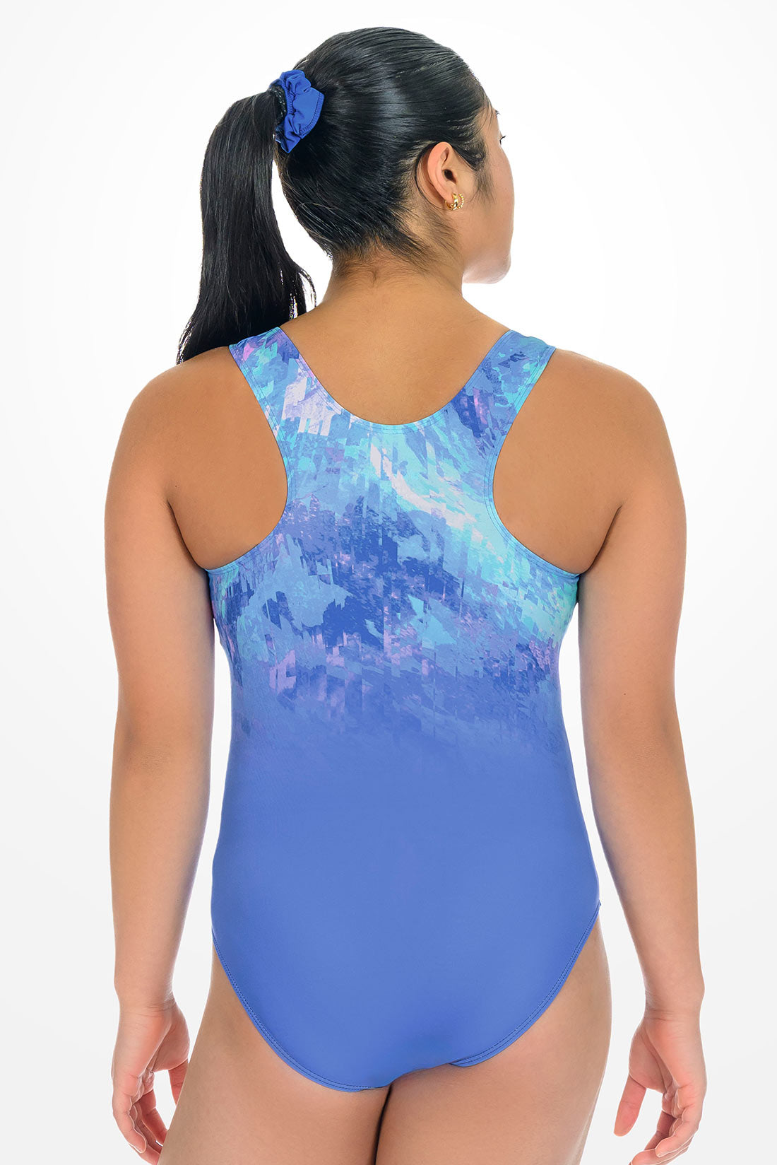 Blue racerback gymnastics leotard for girls by Destira, 2026