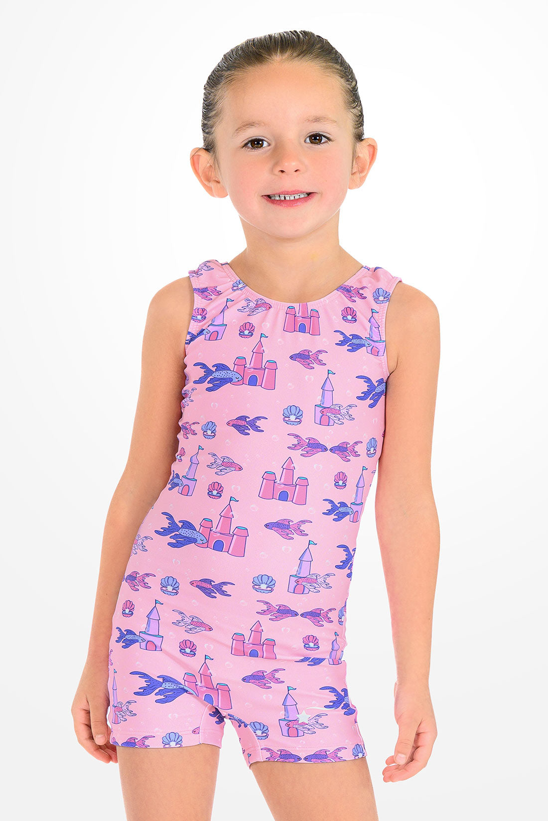 Pink sandcastle and fish biketard for girls by Destira, 2026