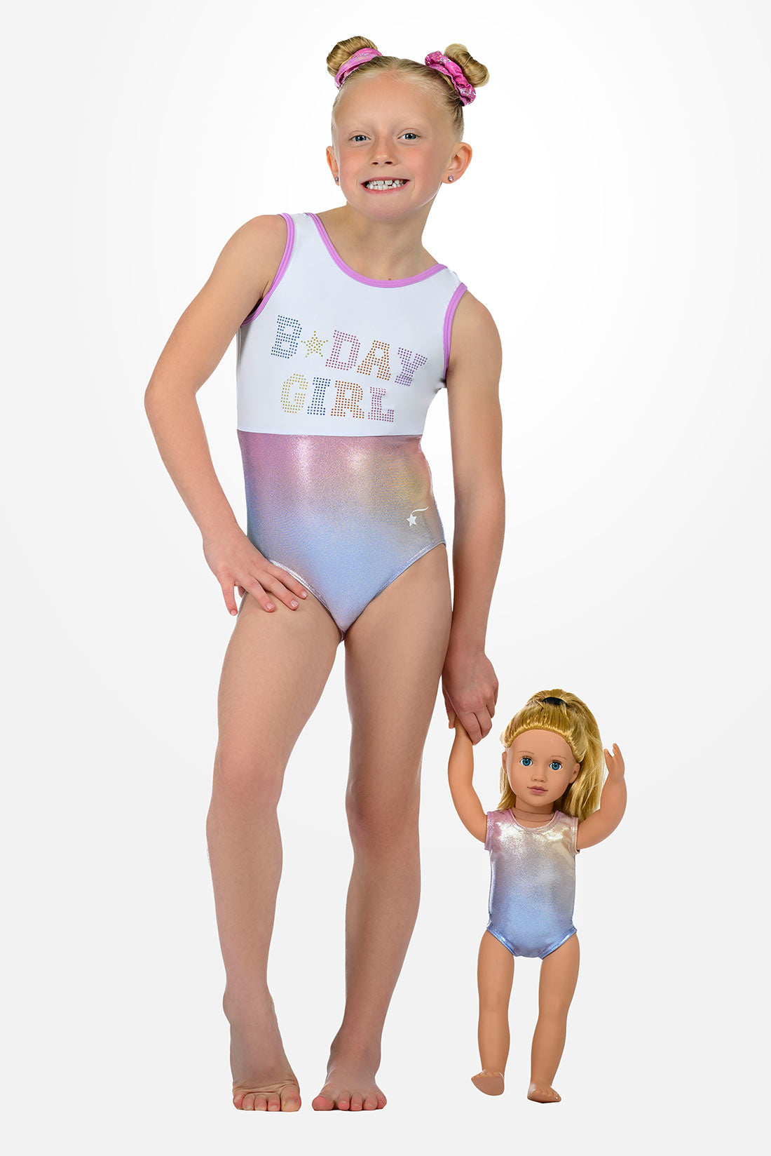 Shiny matching rainbow leotards for birthday girls by Destira, 2026