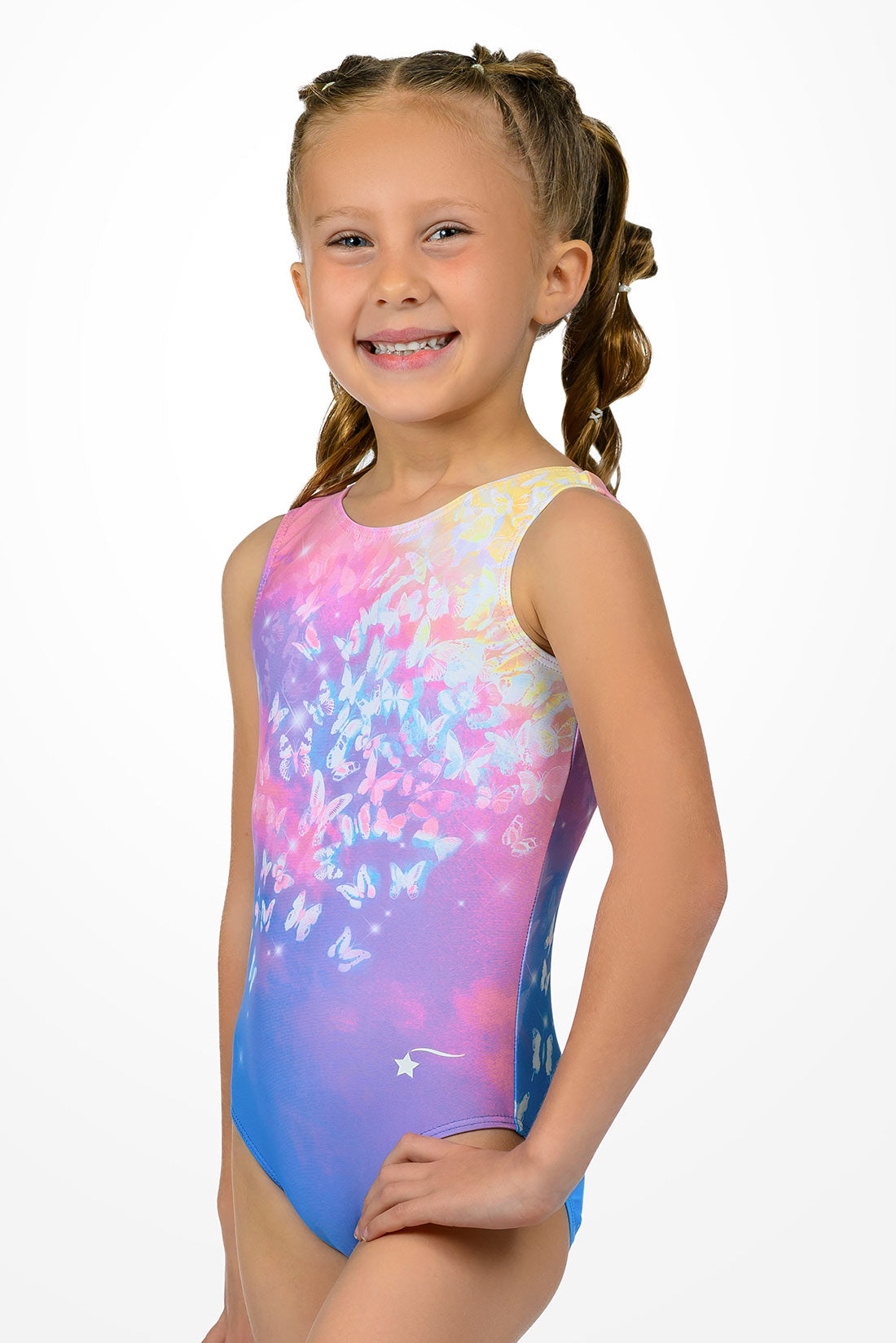 Pink and purple tank leotard for gymnastics by Destira, 2026