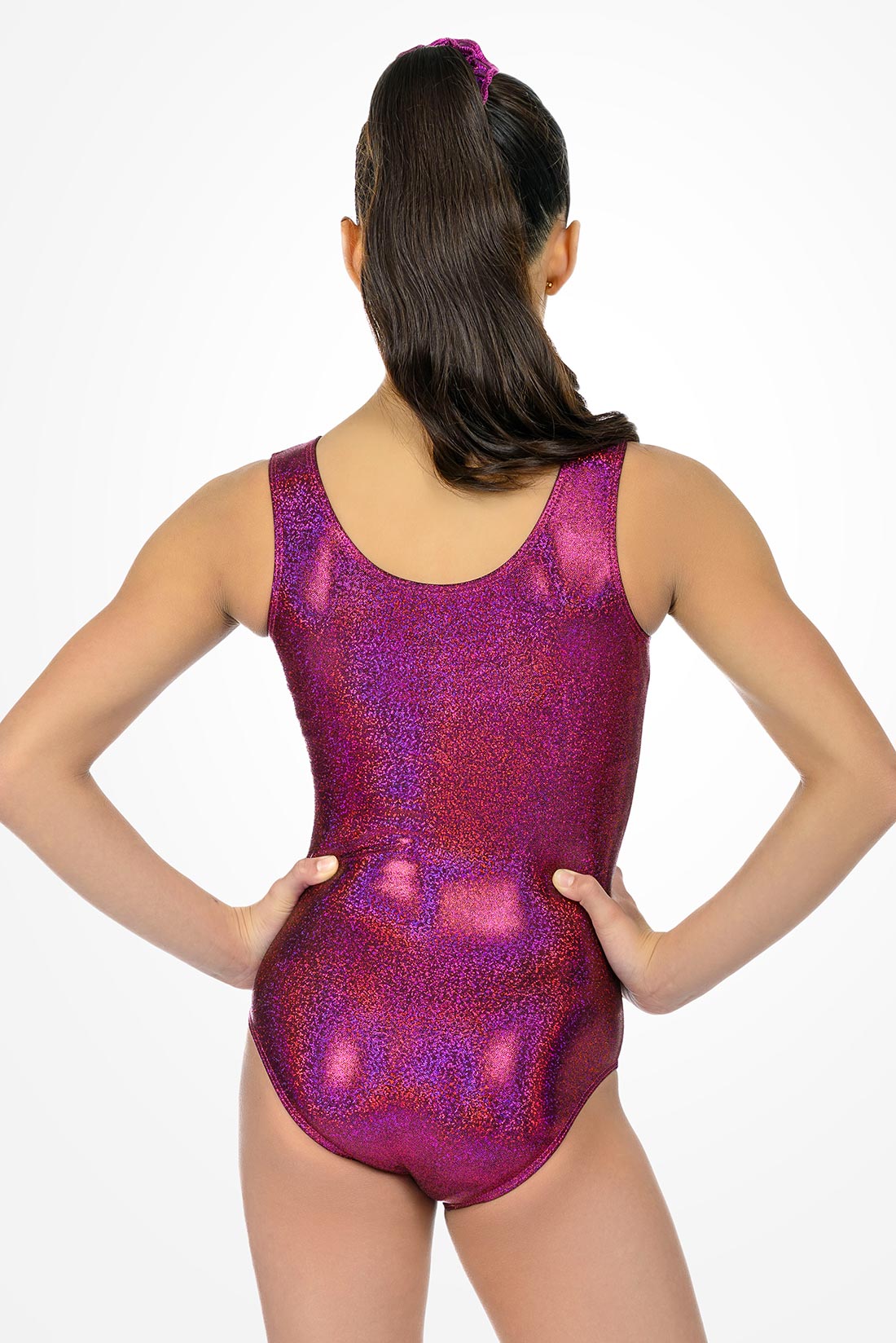 Purple hologram fabric on gymnastics leotard by Destira, 2026