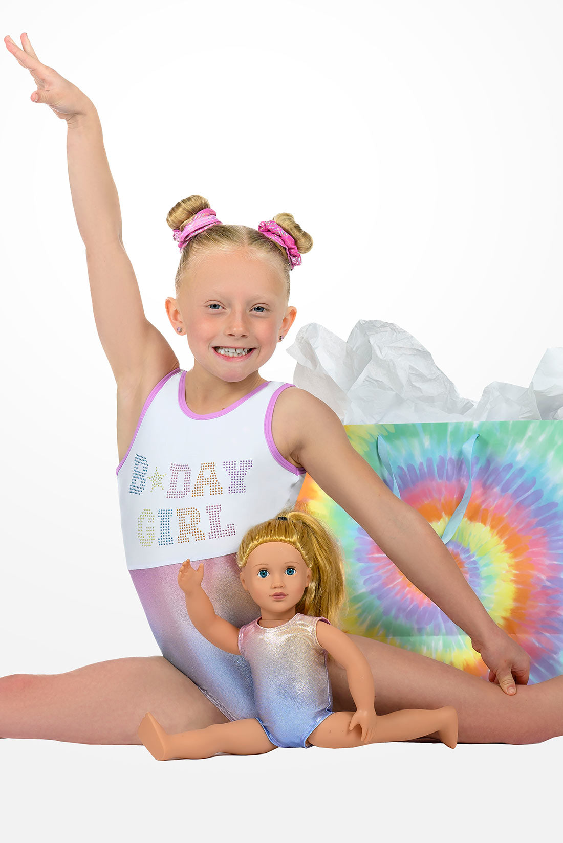Rainbow birthday leotard with matching doll leotard by Destira, 2026