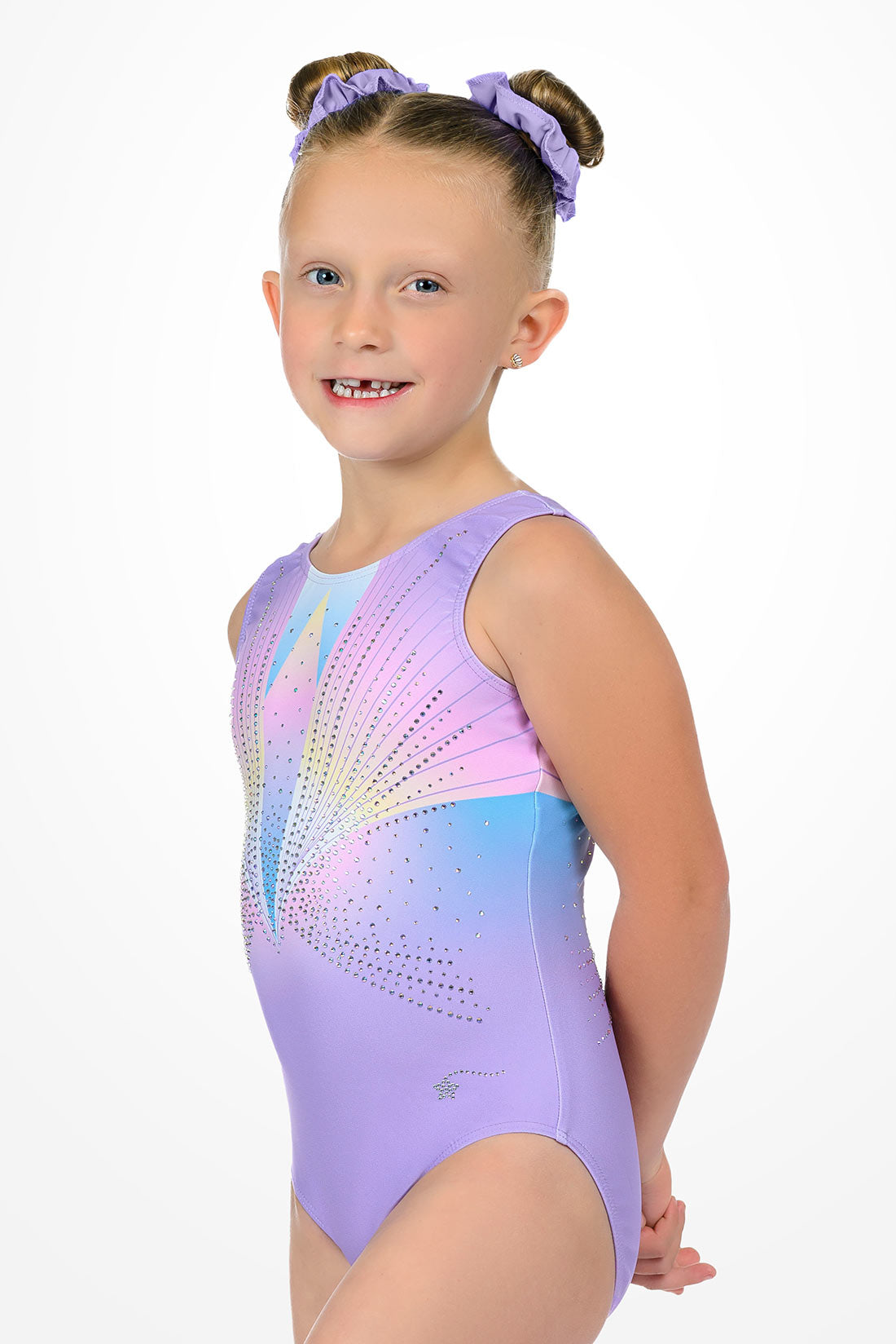 Sparkly purple leotard for girls in gymnastics by Destira, 2026