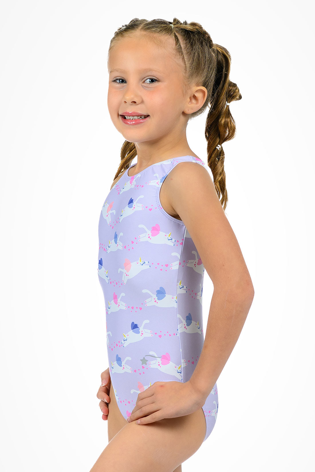 Purple leotard with cats for gymnastics by Destira, 2026