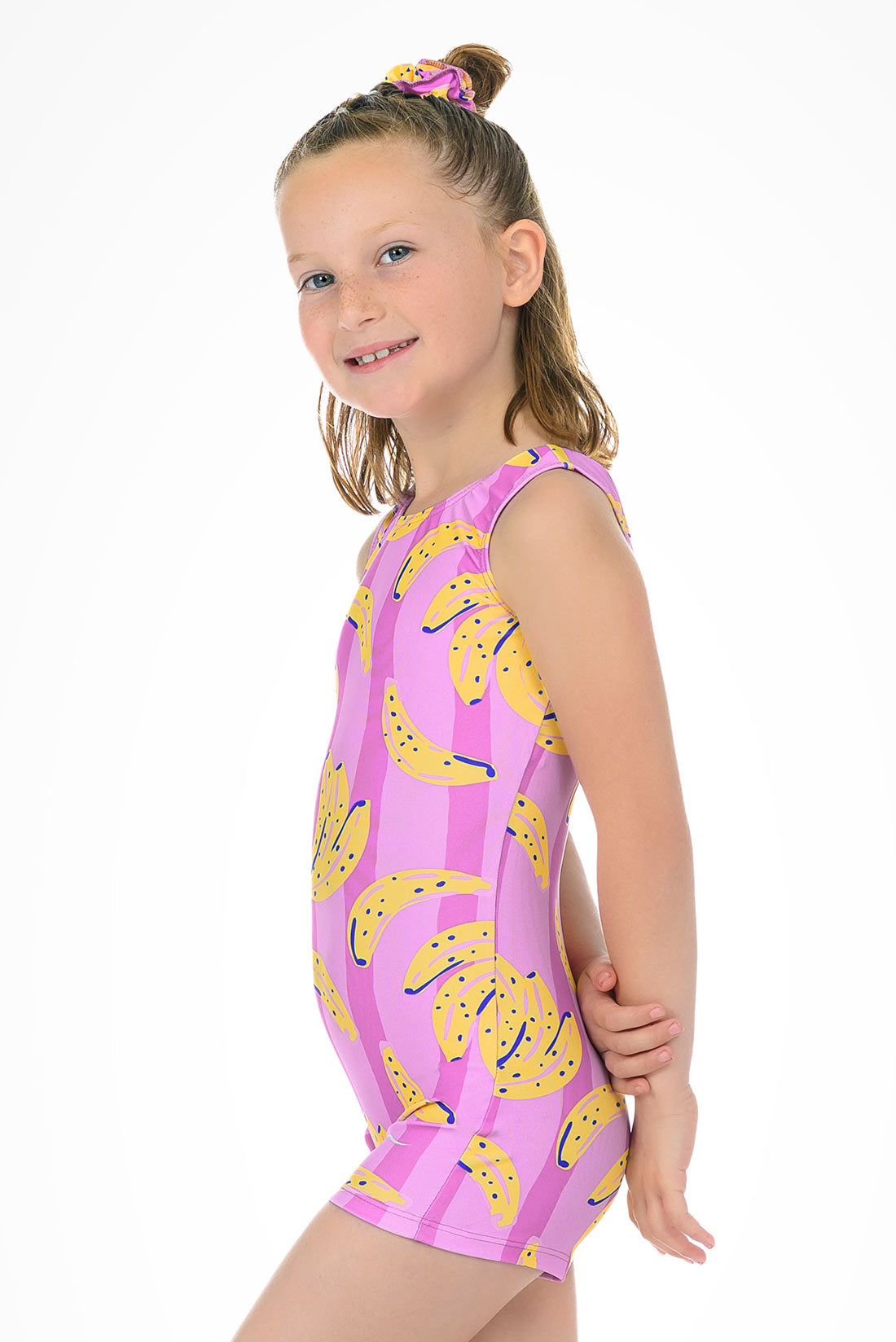 Banana unitard for girls in gymnastics class by Destira, 2026