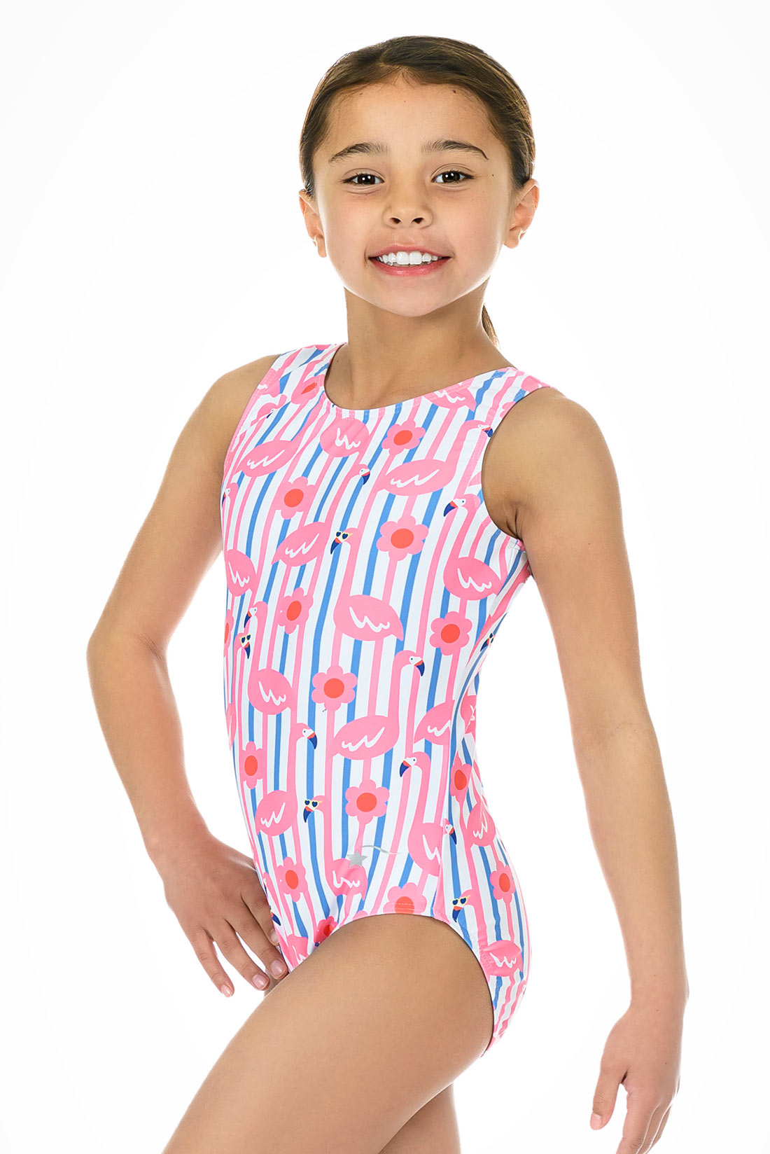 Pink and blue flamingo leotard for girls by Destira, 2026