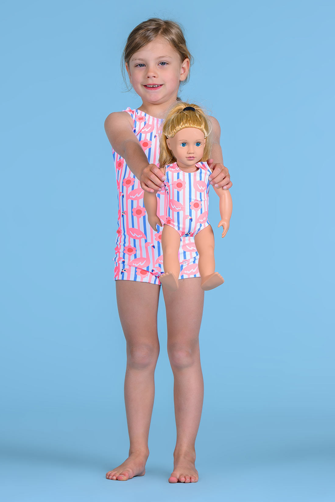 Matching flamingo unitard and doll leotard for girls by Destira, 2026