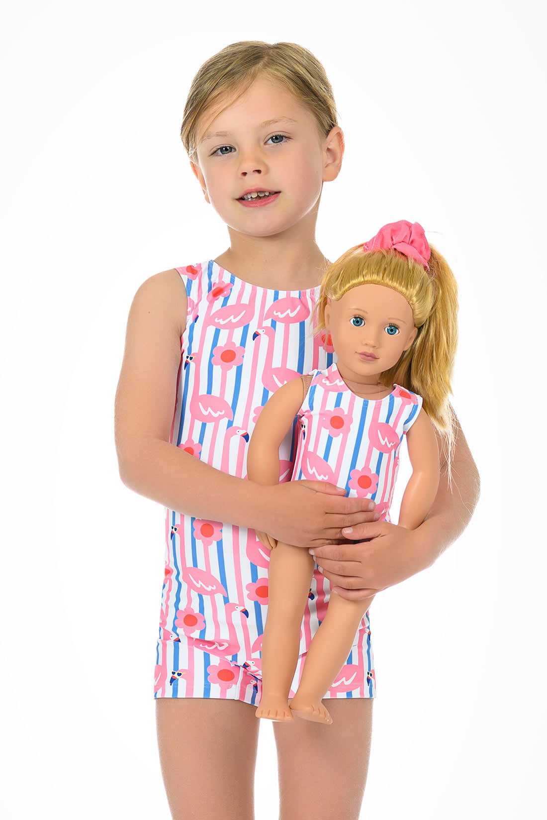 Matching biketard and doll leotard with flamingos by Destira, 2026
