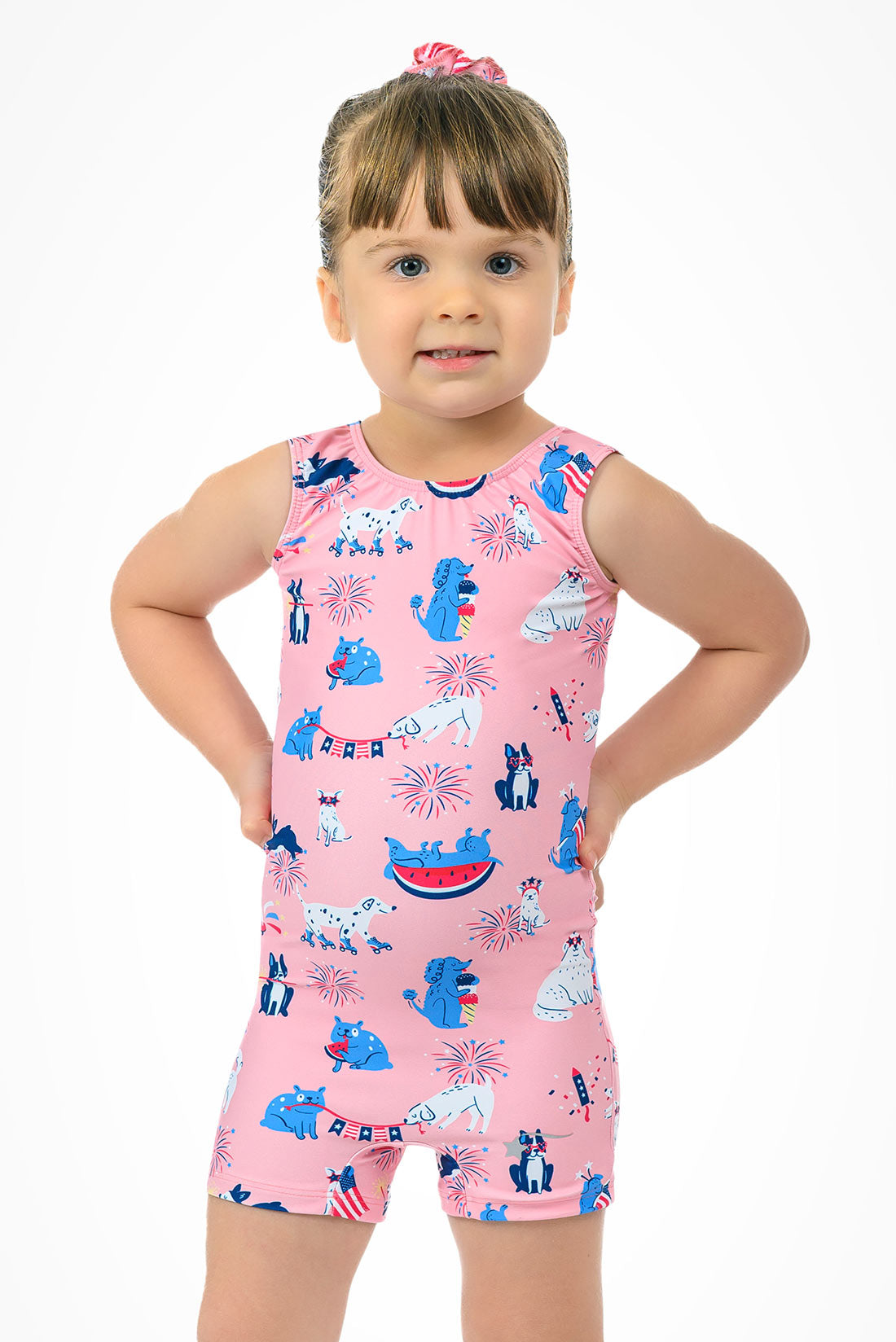 Pink unitard with festive puppies for girls by Destira, 2026
