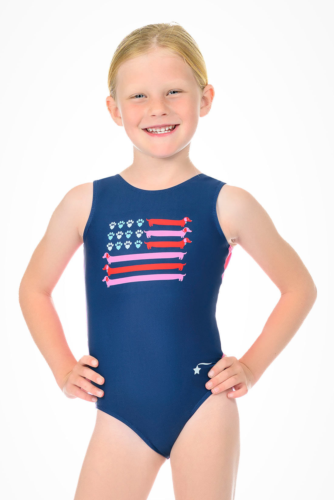 Navy blue tank leotard with puppy flag by Destira, 2026