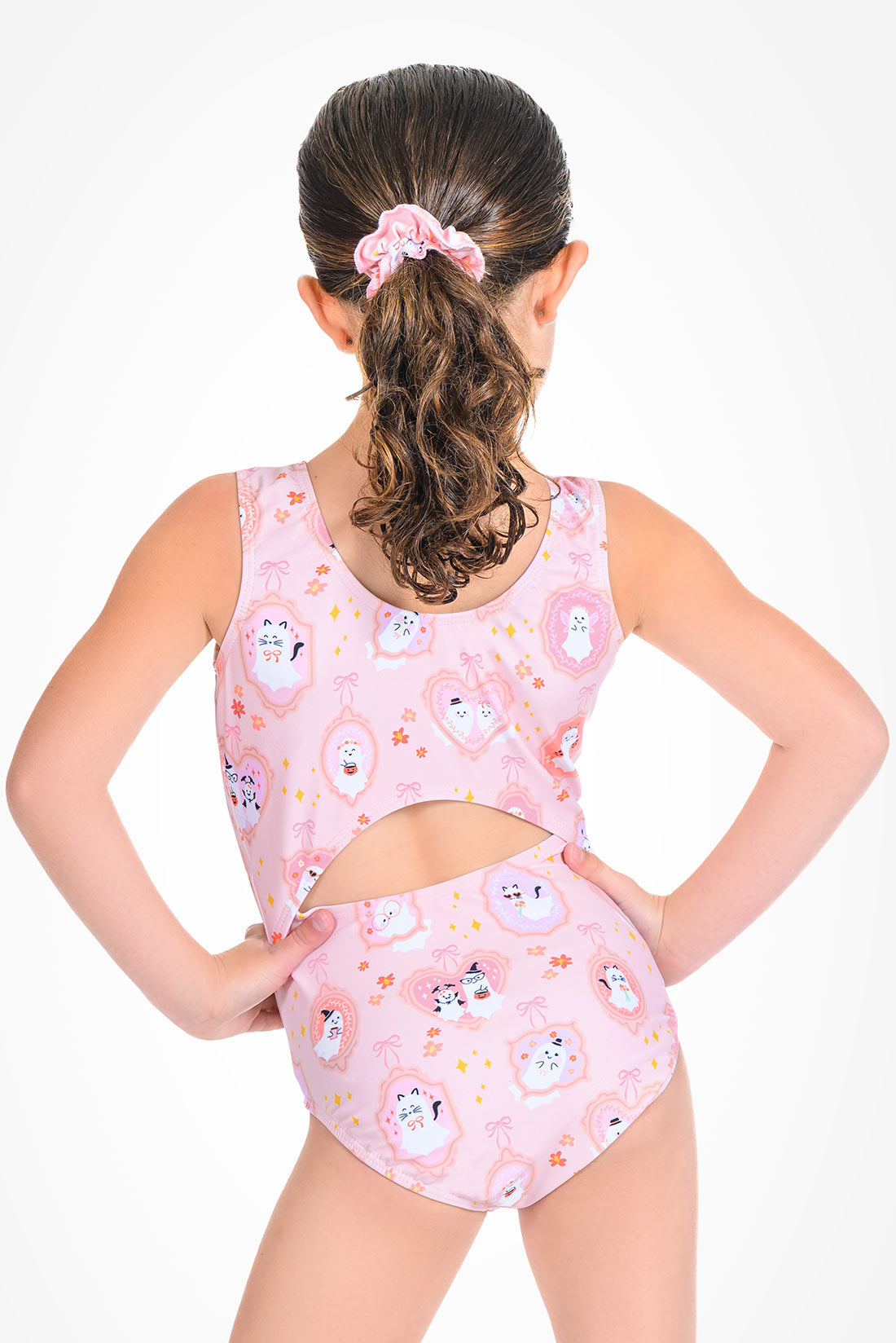 Girls Boo-tiful spooky season pink gymnastics leotard, showing split back of leo