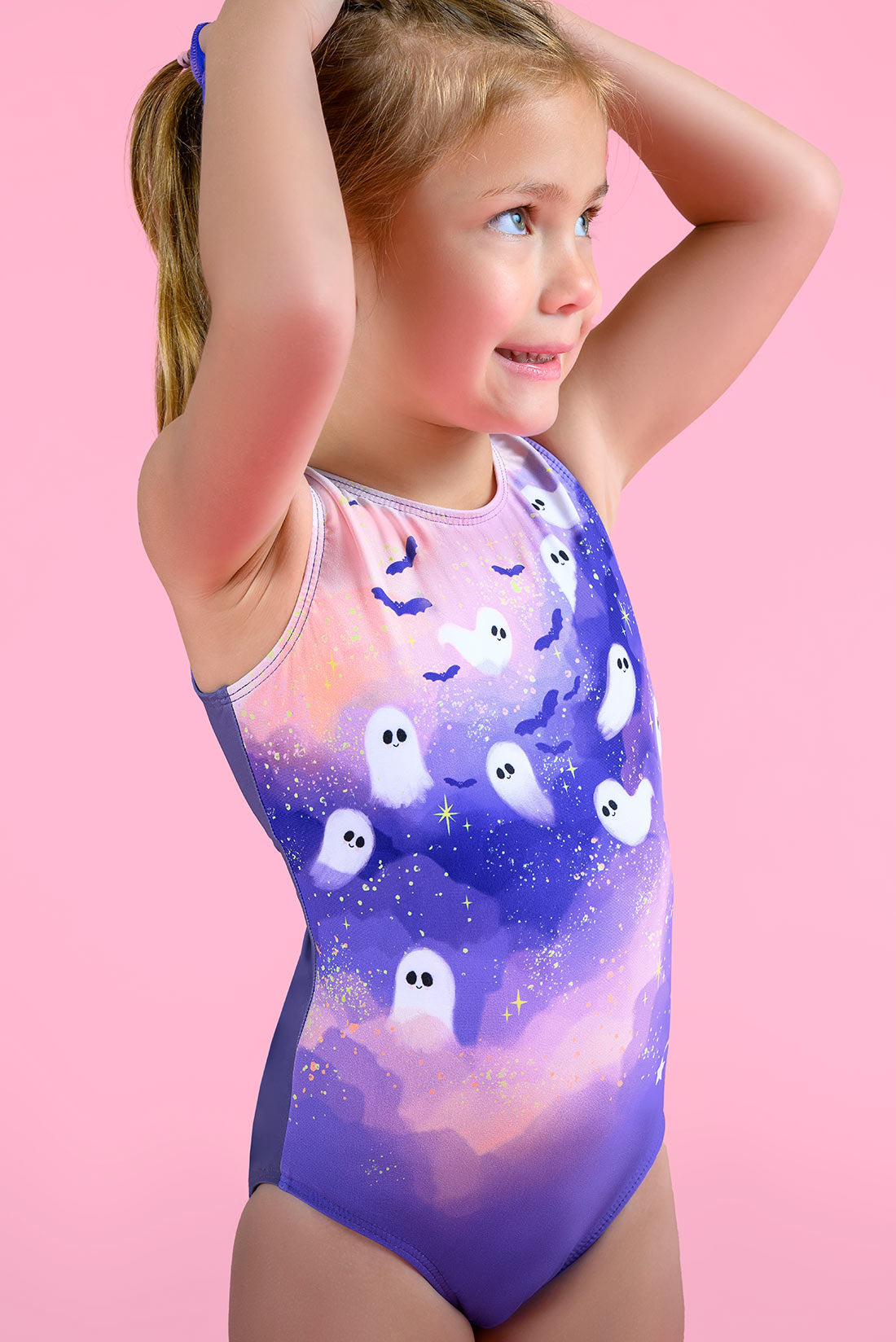 Girls Starlit Spirits spooky pink and purple Halloween gymnastics leotard