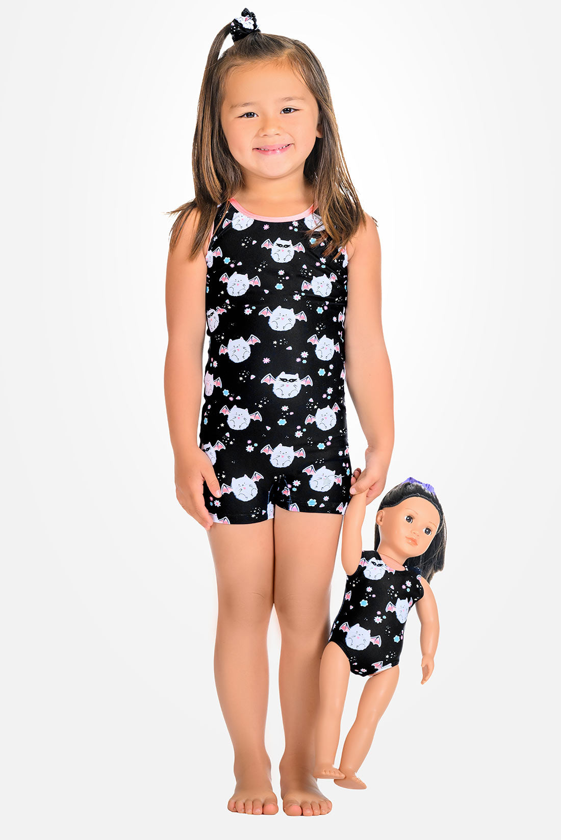 Meowloween Halloween cat-themed gymnastics leotard for american dolls by Destira
