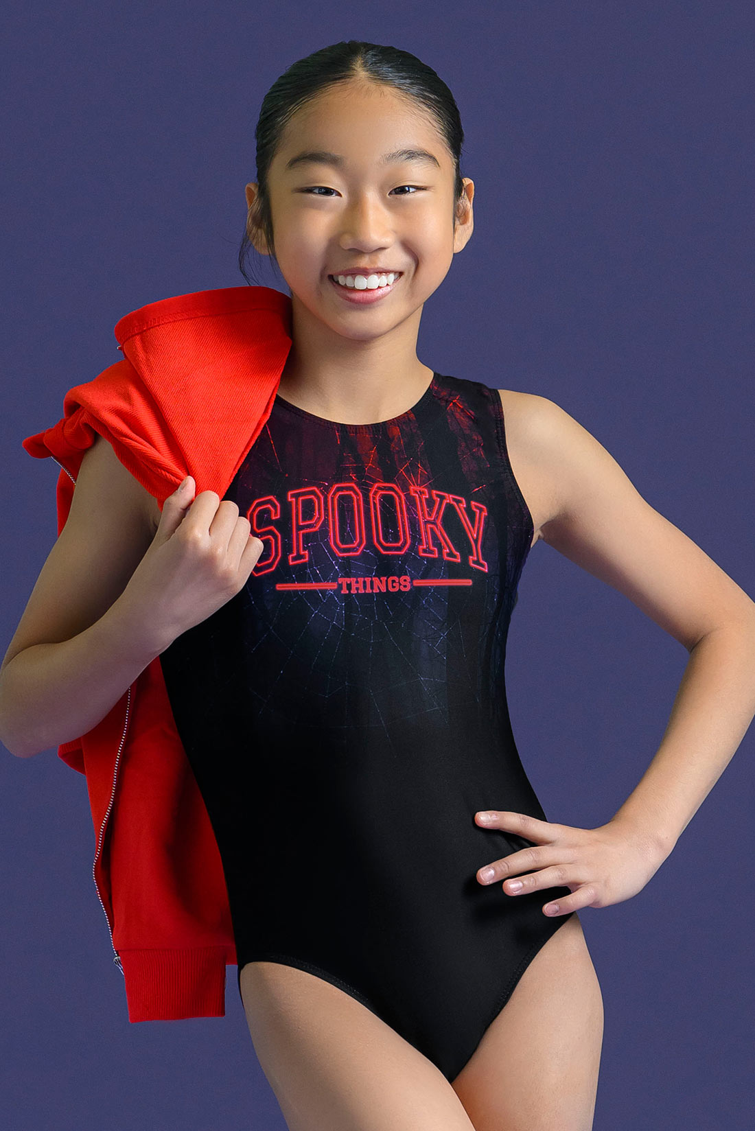 Spooky Things Halloween gymnastics leotard for girls by Destira - with red hoodie