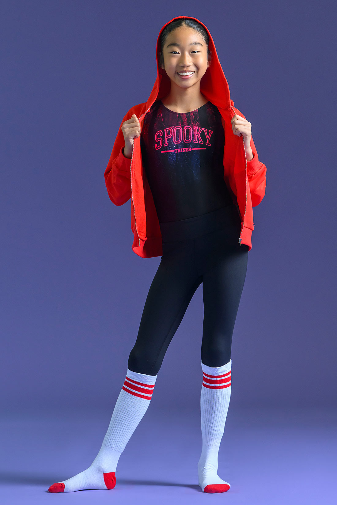 Destira girls Spooky Things festive Halloween gymnastics leotard paired with black leggings
