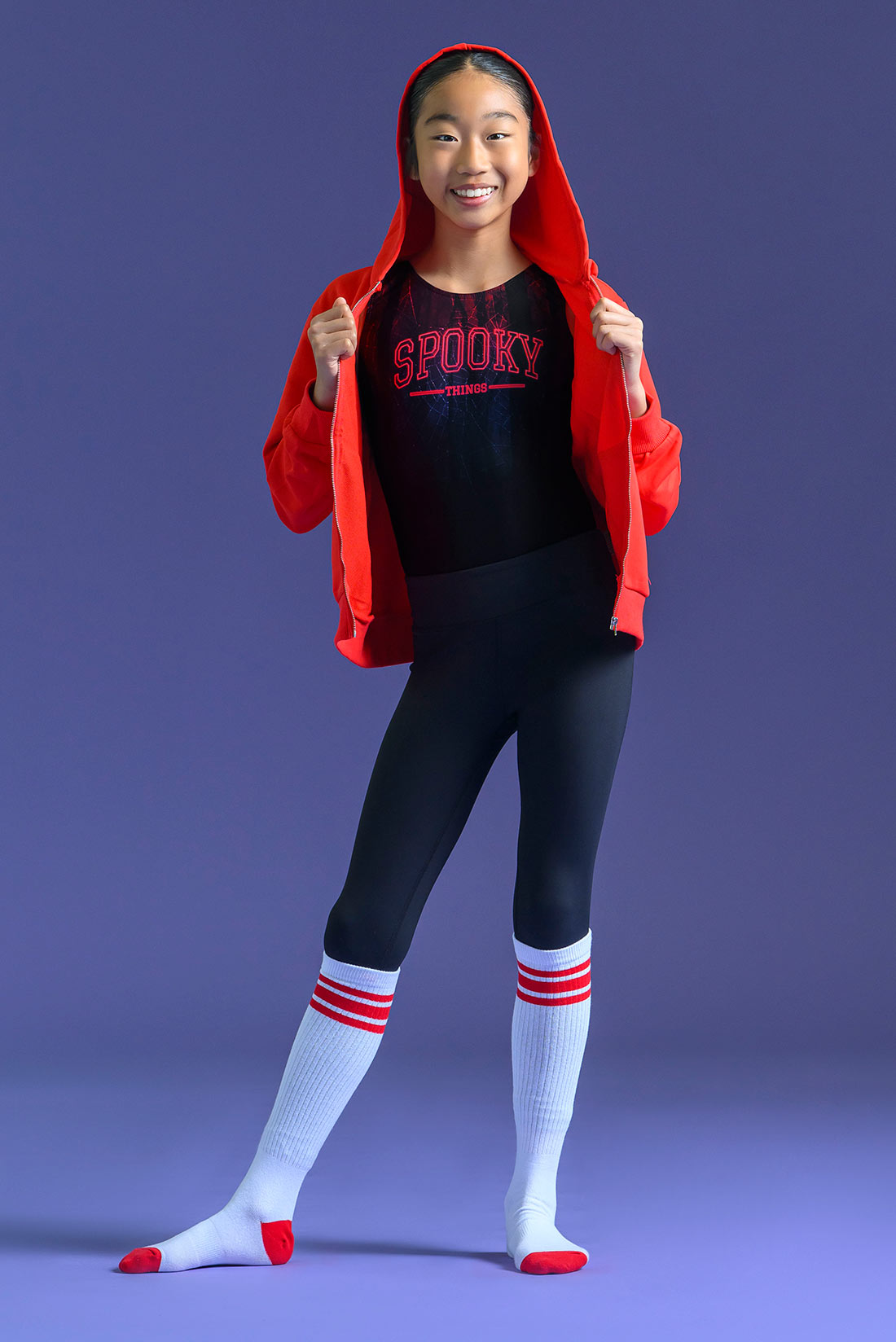 Destira girls Spooky Things festive Halloween gymnastics leotard paired with black leggings