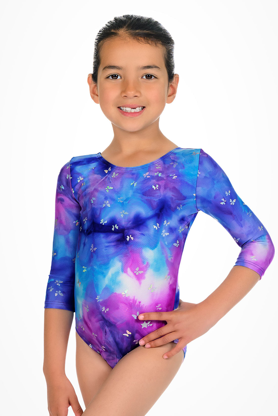Purple long sleeve gymnastics leotard with butterflies by Destira, 2026