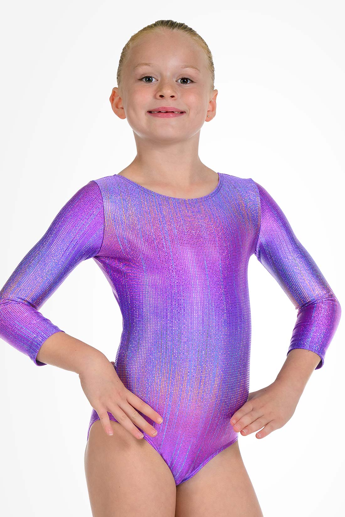 Purple rainbow long sleeve leotard for gymnastics by Destira, 2026