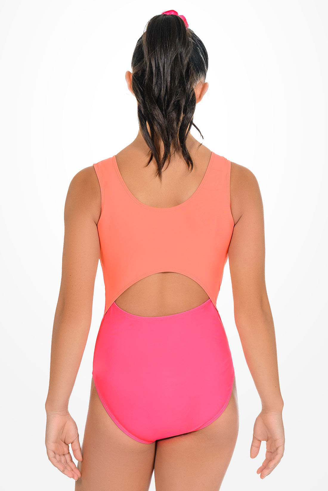 Open back orange and pink workout leotard by Destira, 2026