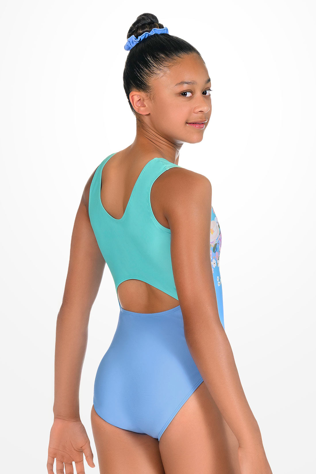 Blue and teal open back leotard by Destira, 2026