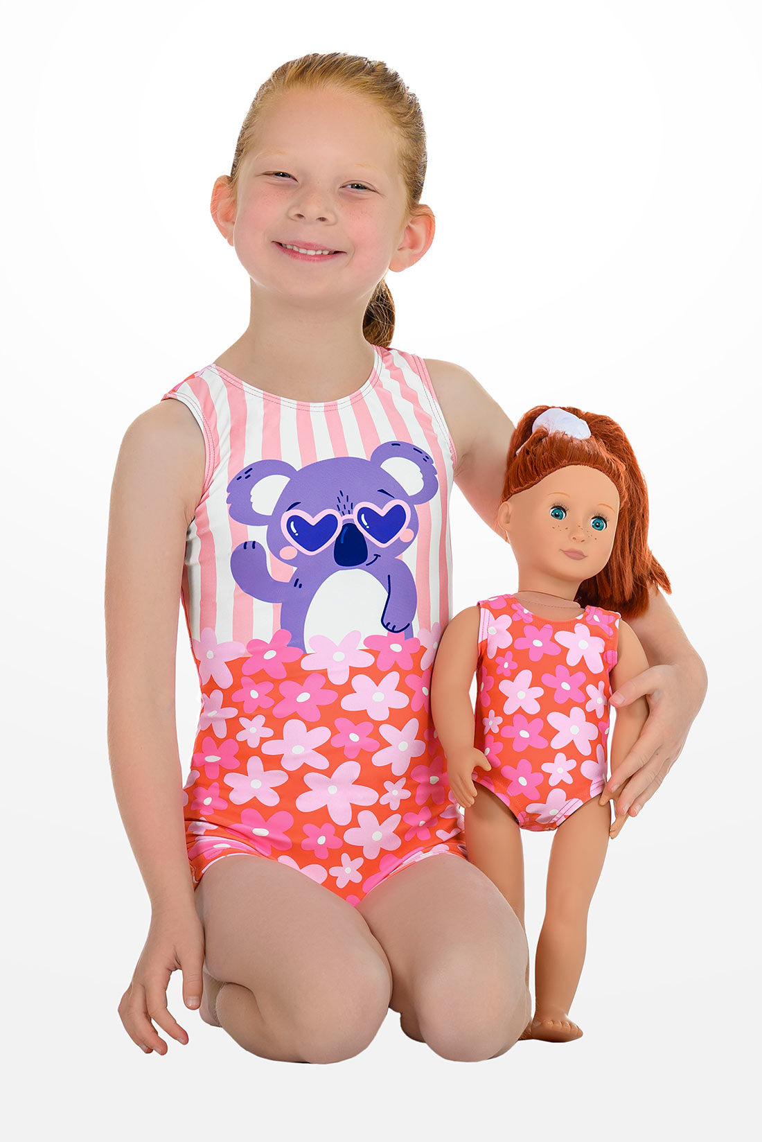 Matching floral gymnastics unitard and doll leotard by Destira, 2026