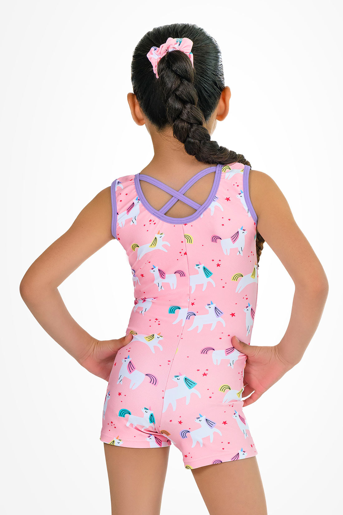 Criss cross back on pink unitard for girls by Destira, 2026