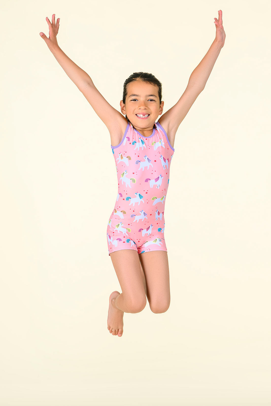 Pink unitard with purple trim for toddlers by Destira, 2026
