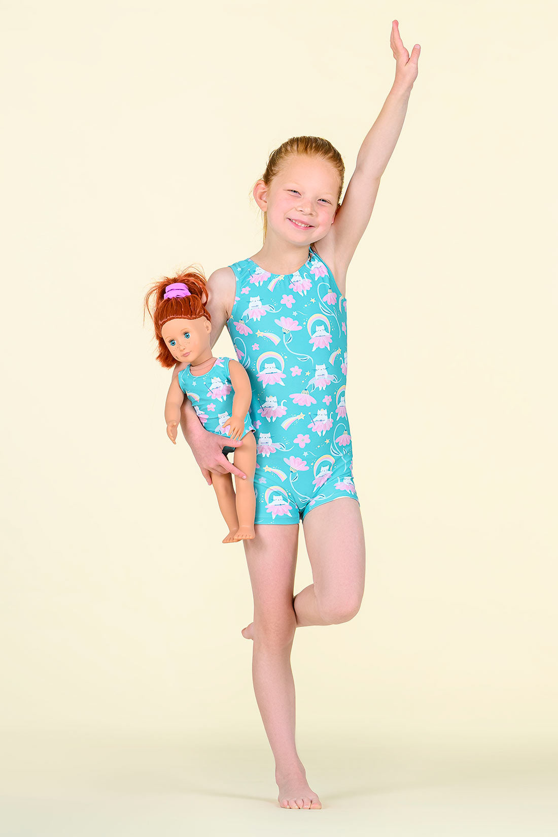 Matching kitty unitard and doll leotard for girls by Destira, 2026
